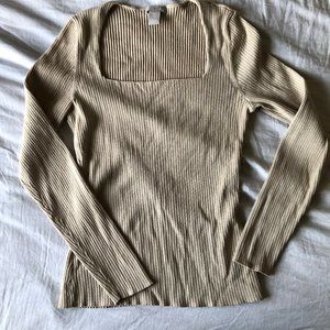 Cream colored ribbed knit square neck long sleeve
